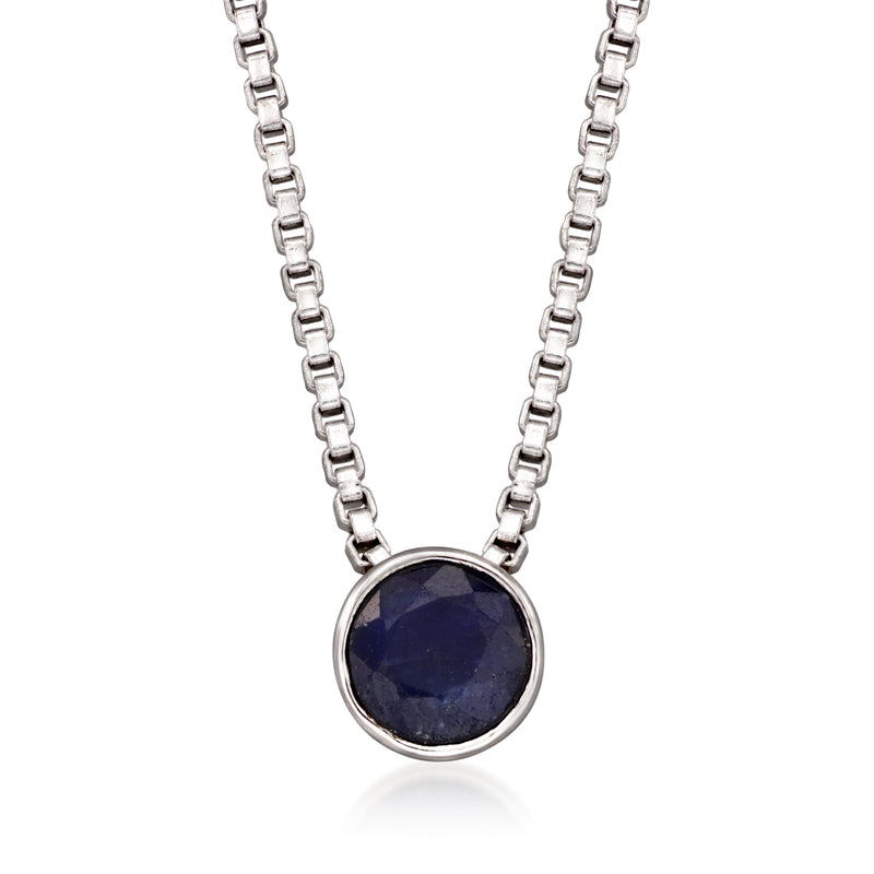 Sterling silver sapphire pendant necklace with round dark blue stone on link chain