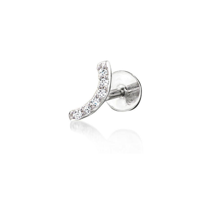 Sterling silver curved bar stud earring with small clear stones, flat back