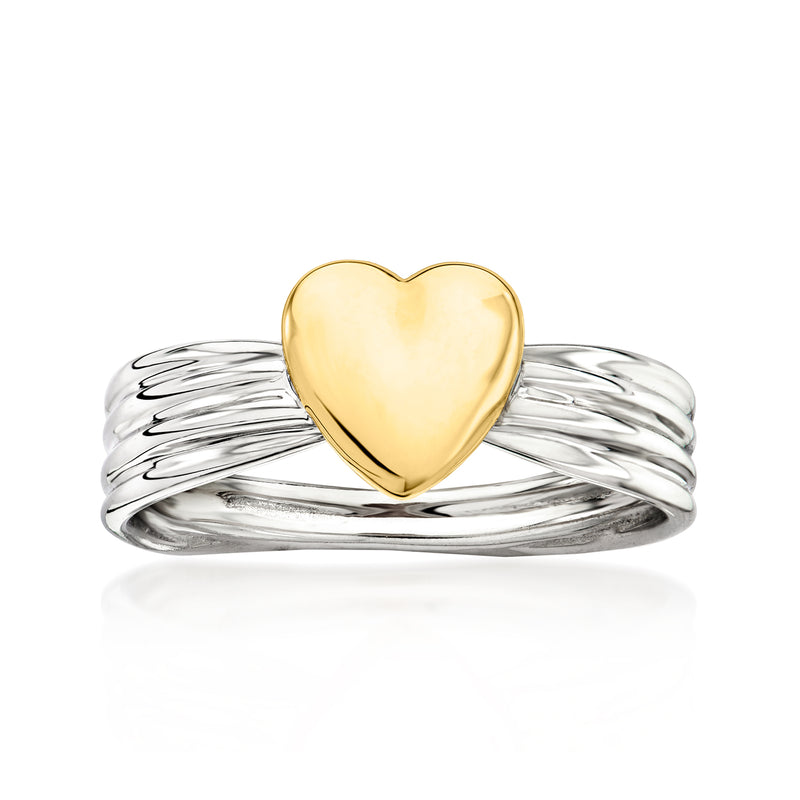 Gold and silver heart puff ring with ribbed split band