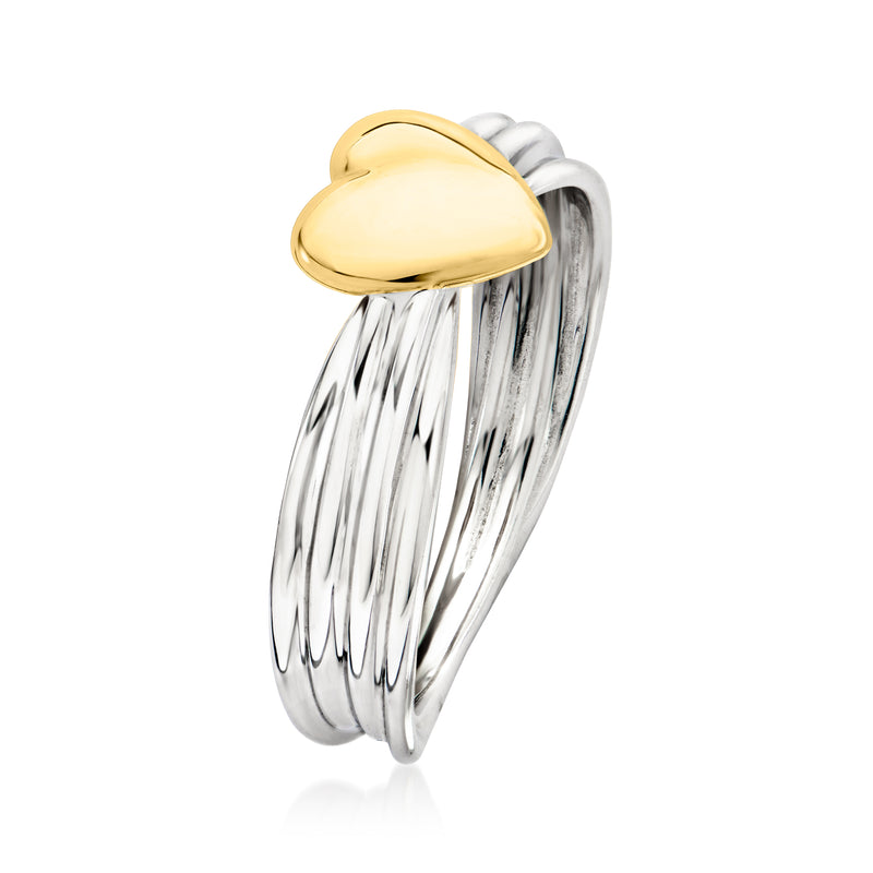 Puffed gold heart ring on ribbed sterling silver band, side view