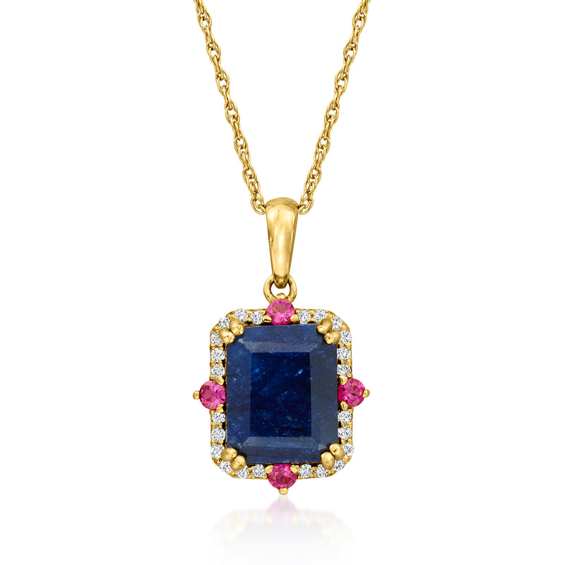 Gold sapphire pendant necklace with square blue center and pink and white stone accents