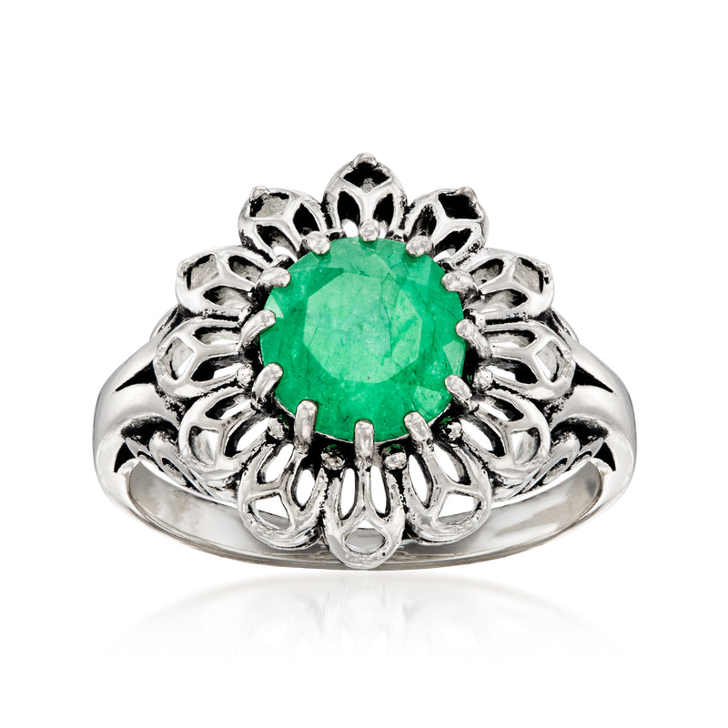 Sterling silver emerald flower ring with round green gemstone center