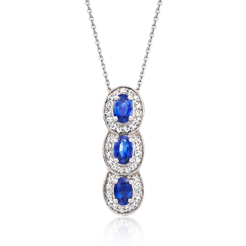 14kt white gold trio pendant necklace with blue sapphire and diamond halos