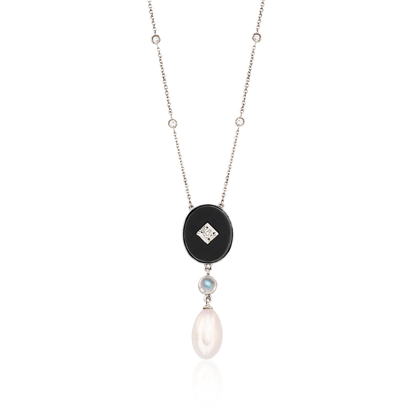 Silver-tone drop necklace with black oval pendant, blue stone and white cultured pearl