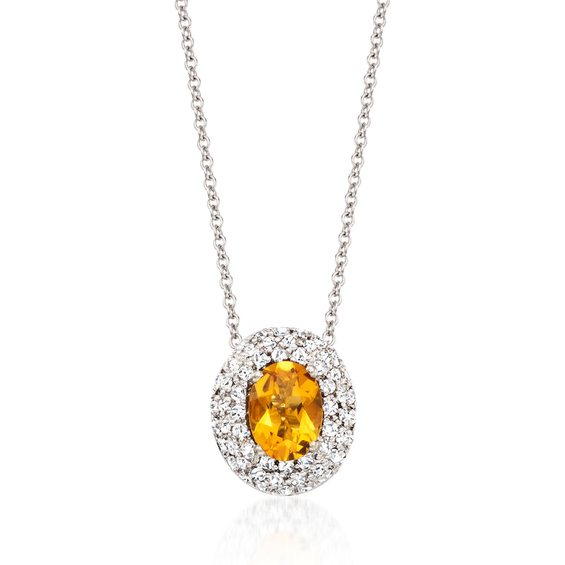 14kt white gold pendant necklace with oval citrine center and round diamond halo