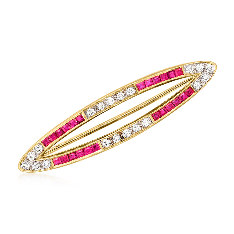 Oval ruby and diamond pin in 18kt yellow gold, baguette ruby and round diamond border.