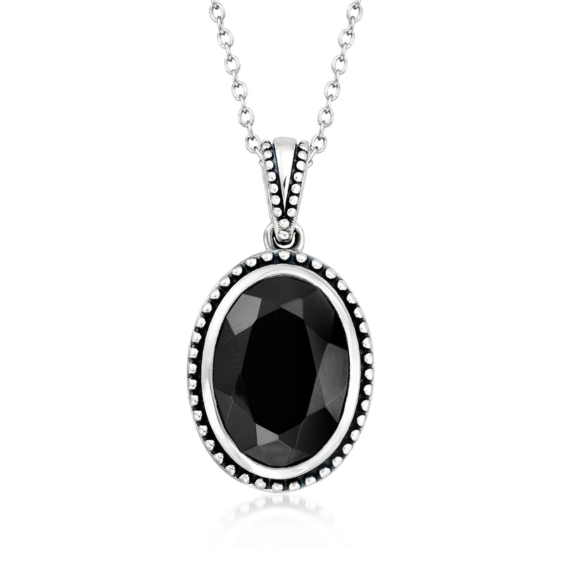 Sterling silver onyx pendant necklace with oval black stone bezel and bail