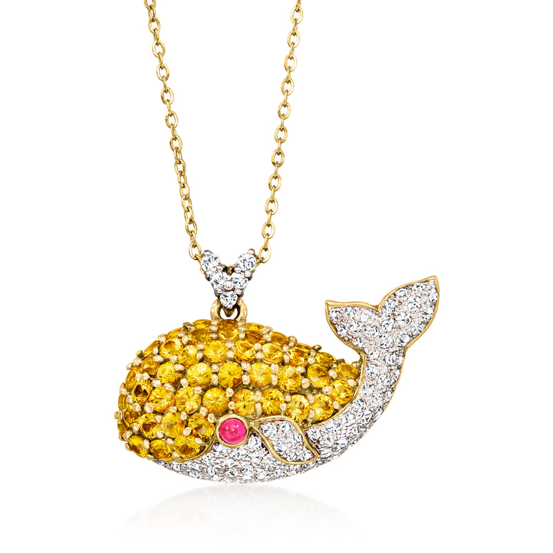 Two-tone gold whale pendant necklace with yellow stones, diamond accents, ruby eye