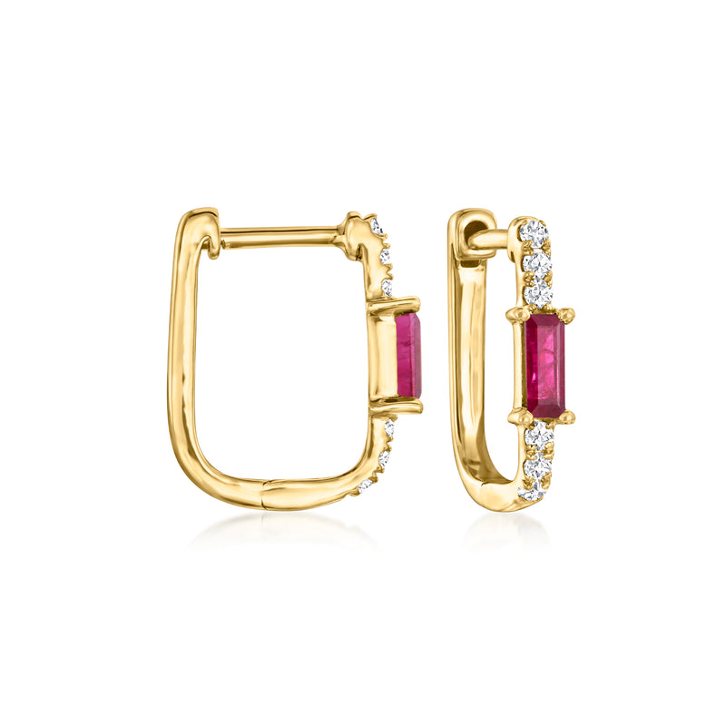 14kt yellow gold hoop earrings with ruby center stones and diamond accents