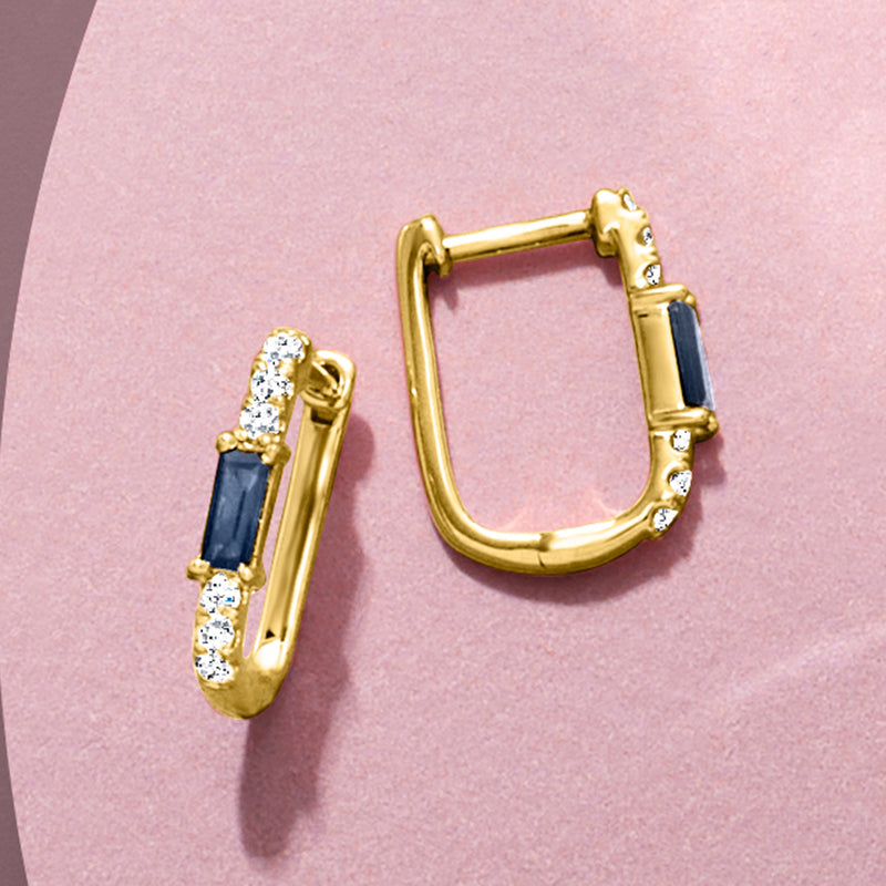 14kt yellow gold hoop earrings with blue sapphire center and diamond side accents