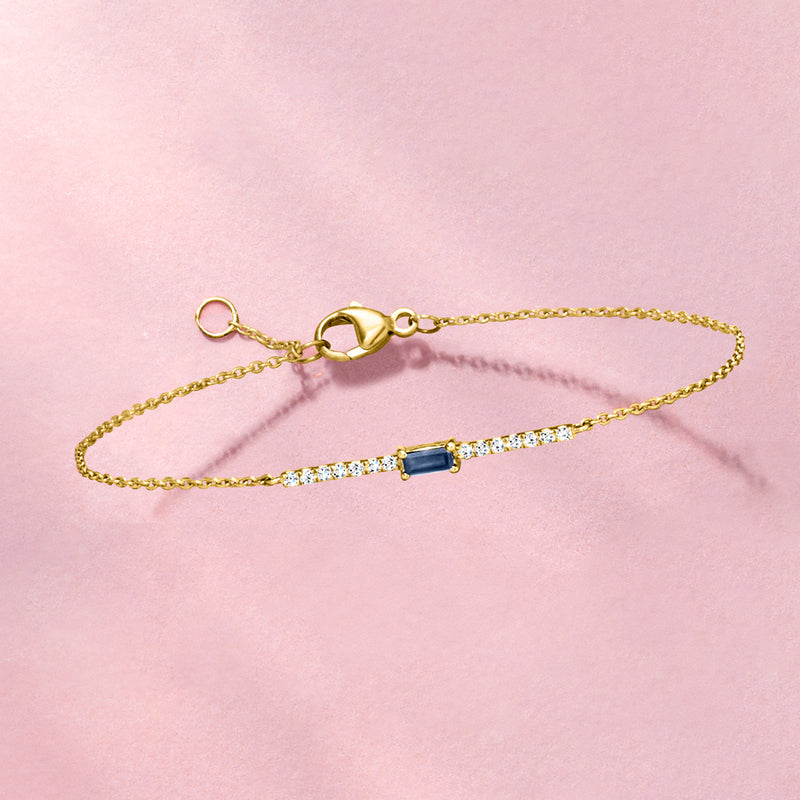 14kt yellow gold bar bracelet with sapphire center and diamond accent line