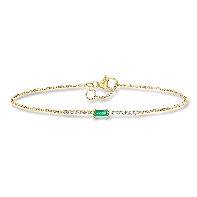 14kt yellow gold diamond bracelet with green emerald bar detail and clasp