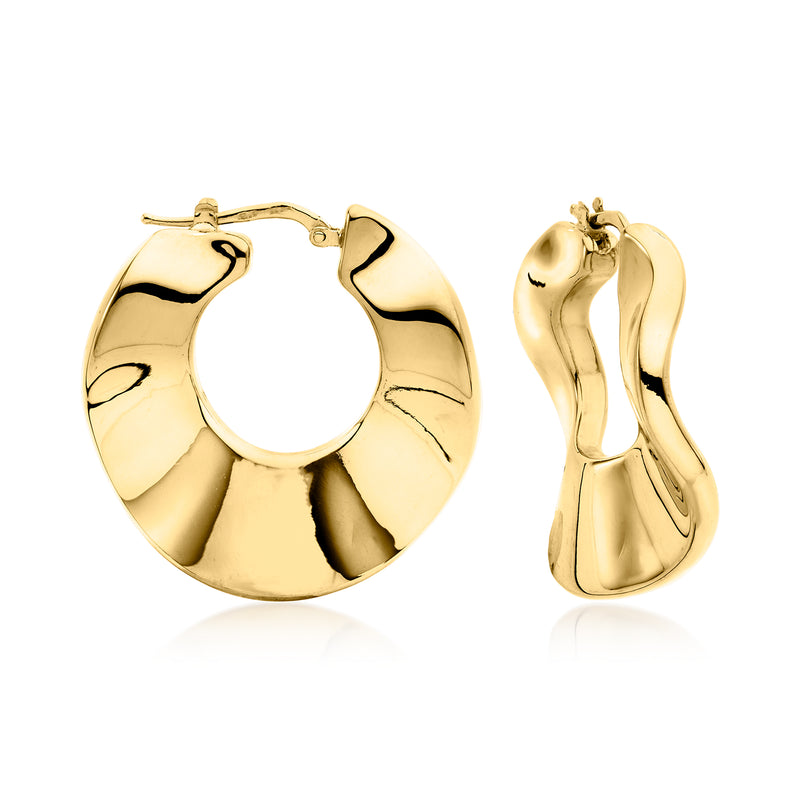 Wavy gold-tone hoop earrings with hinged clasp, reflective finish