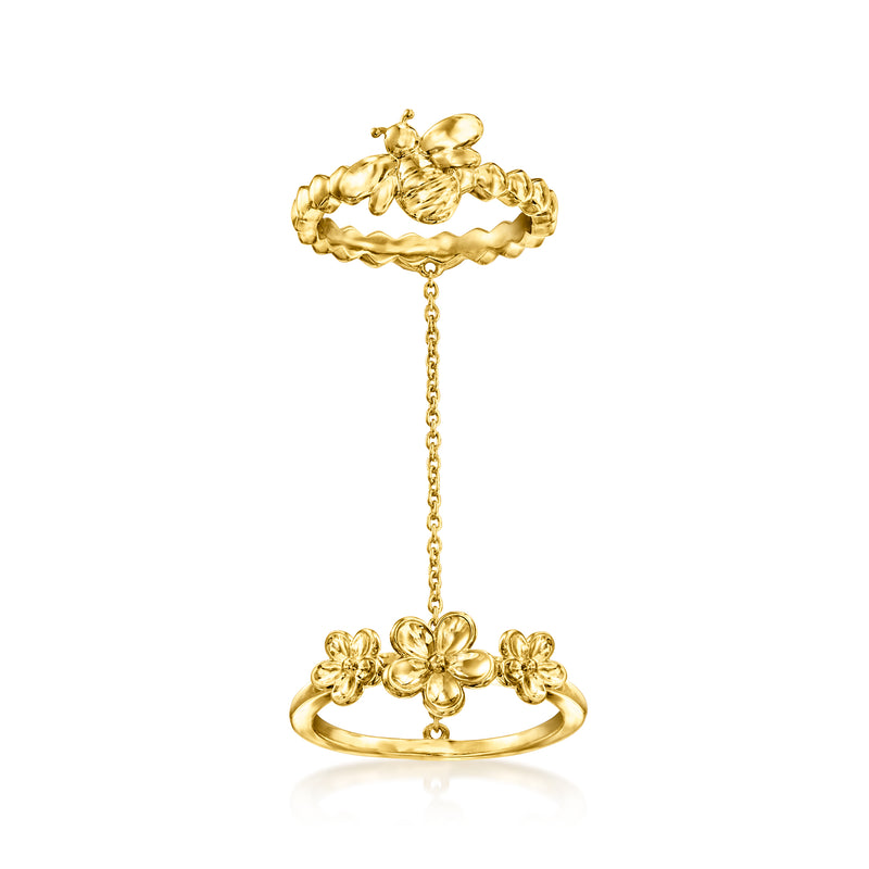 Gold-tone double ring with bumblebee and flower charms, chain drop detail