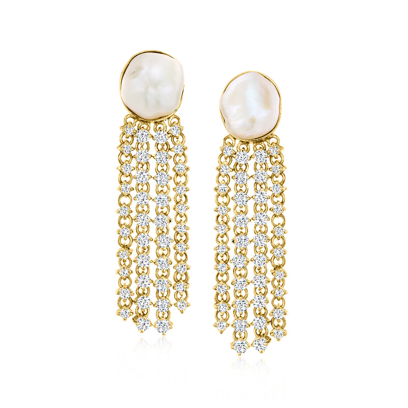Gold-tone drop earrings with white cultured pearl tops and dangling clear gemstone clusters