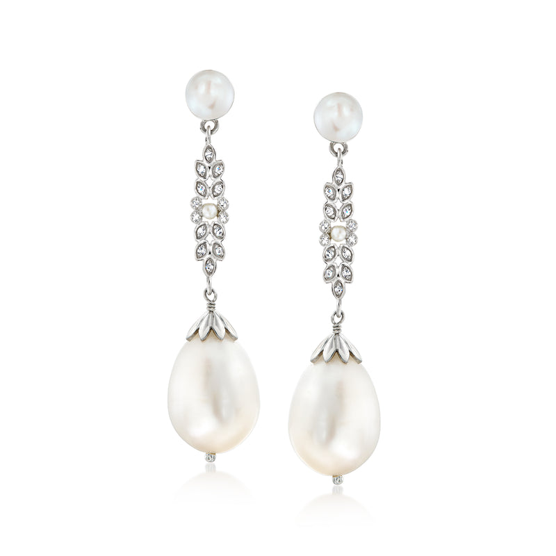 Sterling silver drop earrings with clustered diamond accents and cultured pearl dangles