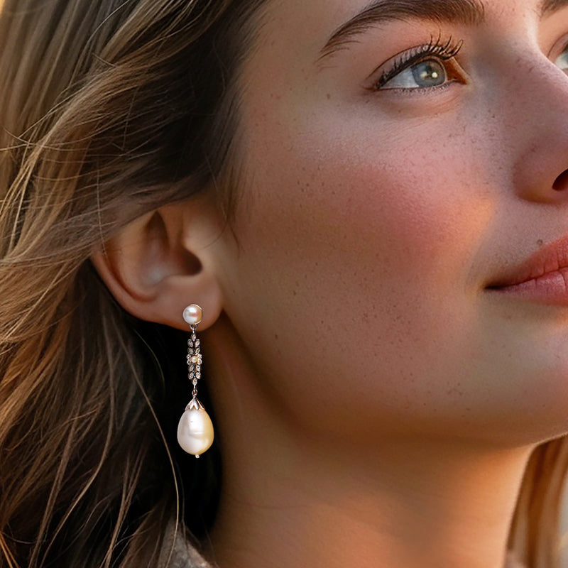 Cultured pearl drop earrings with diamond accents on sterling silver hook