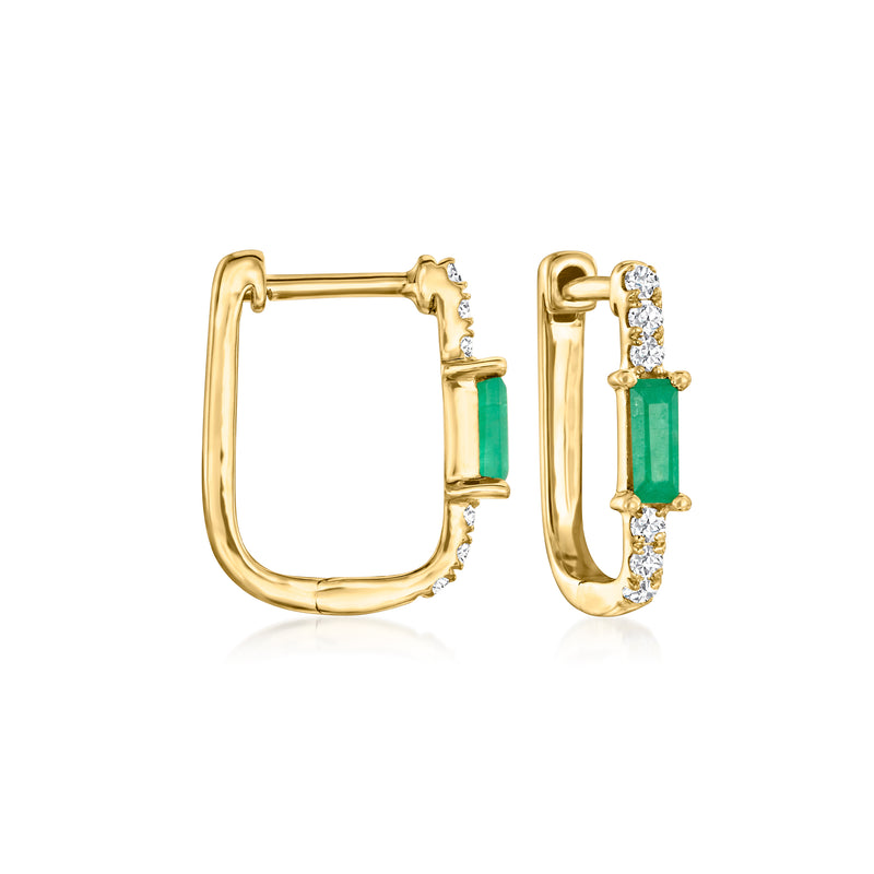 Emerald and diamond paper clip link hoop earrings in 14kt yellow gold