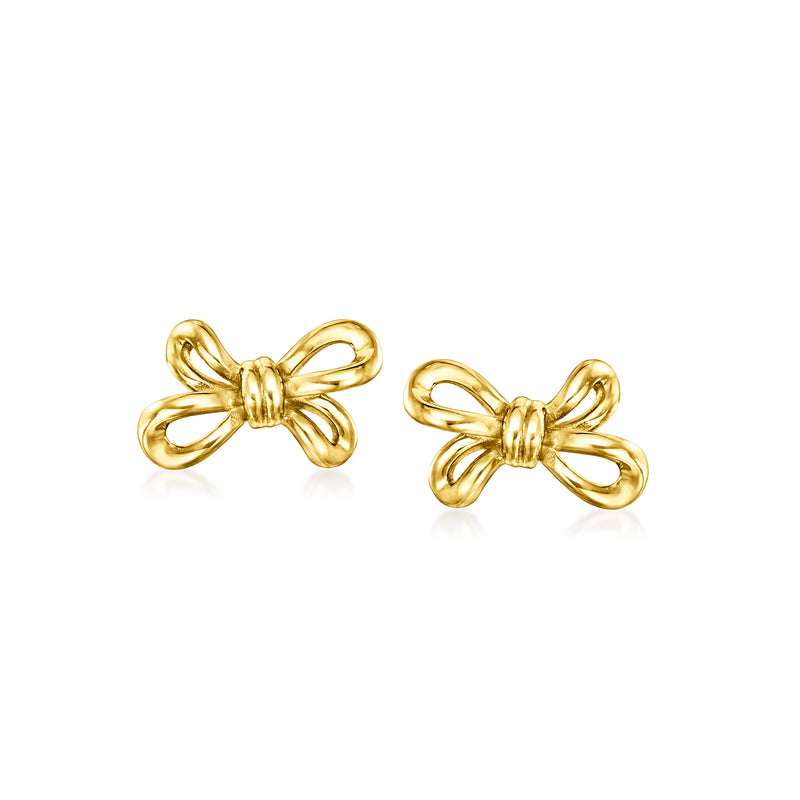 14kt yellow gold mini bow stud earrings, polished ribbon bow tops