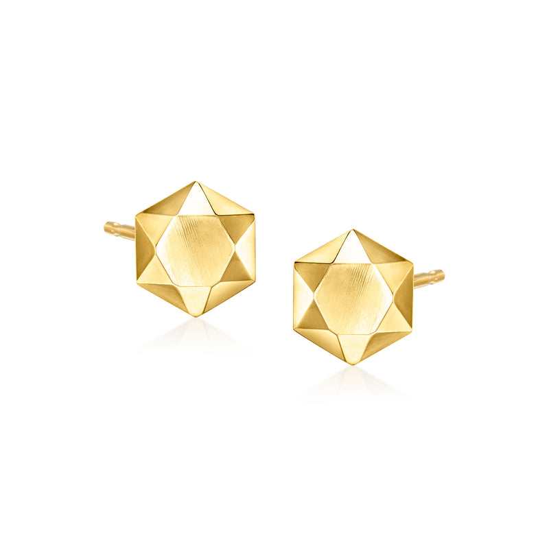 14kt yellow gold geometric stud earrings with faceted square diamond design