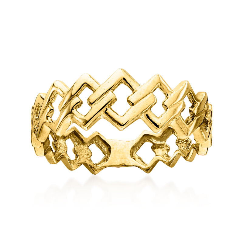 14kt yellow gold interlocking square-link ring, wide band with raised geometric squares