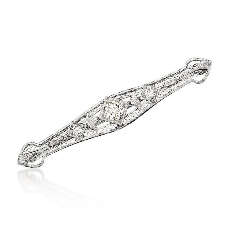 Vintage filigree diamond pin, long bar design, 10kt white gold with small sparkle stones