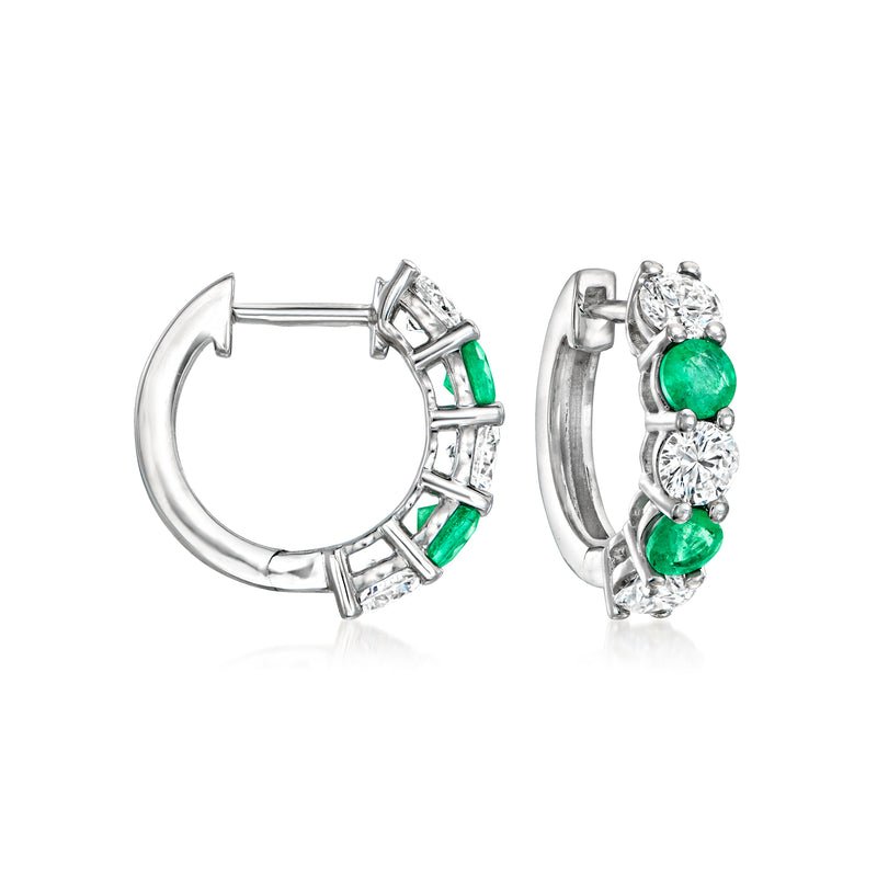 14kt white gold hoop earrings with green round stones and clear diamond accents
