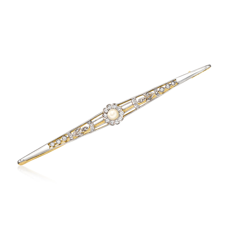 Vintage bar pin with round cultured pearl and diamond accents, platinum and yellow gold