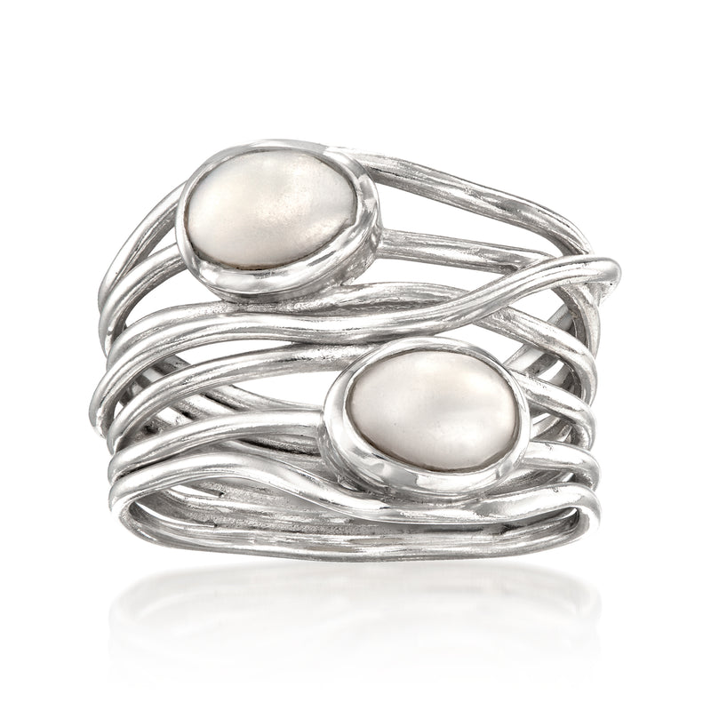 Sterling silver cultured pearl highway ring with two oval 5x7mm pearls