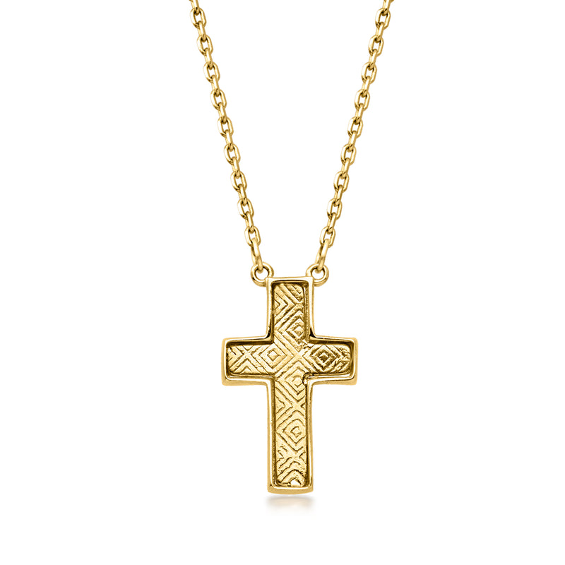 Yellow gold cross pendant on a chain with carved texture and raised details