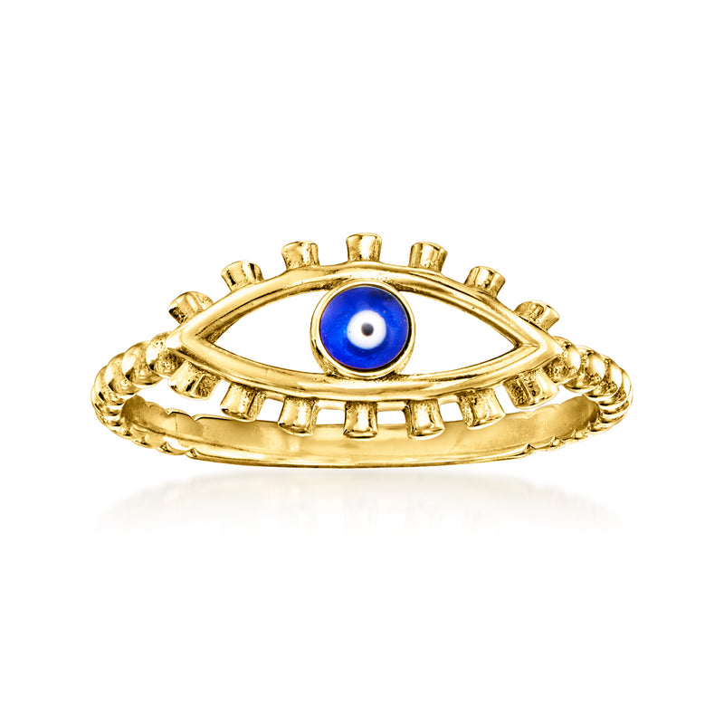 10kt yellow gold evil eye ring with blue enamel eye and ridged gold bezel