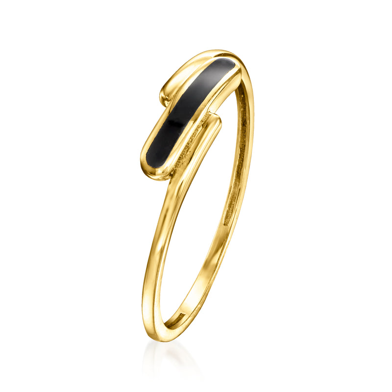 10kt yellow gold bypass ring with black enamel oval detail, side view