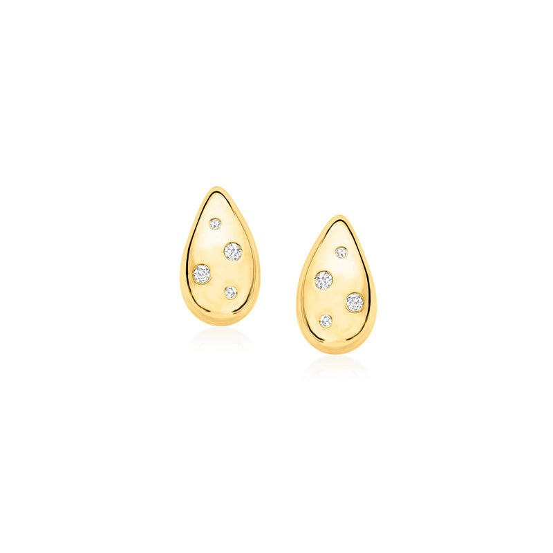 Gold teardrop drop earrings with cluster of round diamonds on the front