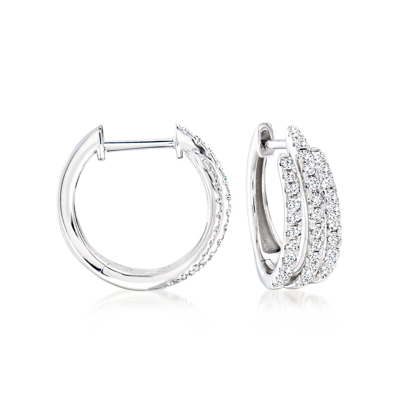 Sterling silver diamond three-row hoop earrings, shown front and side views