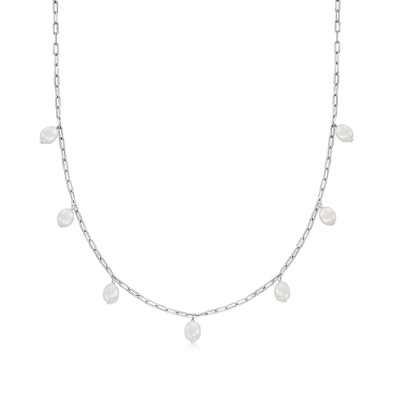 Sterling silver pearl station link necklace with round white pearls