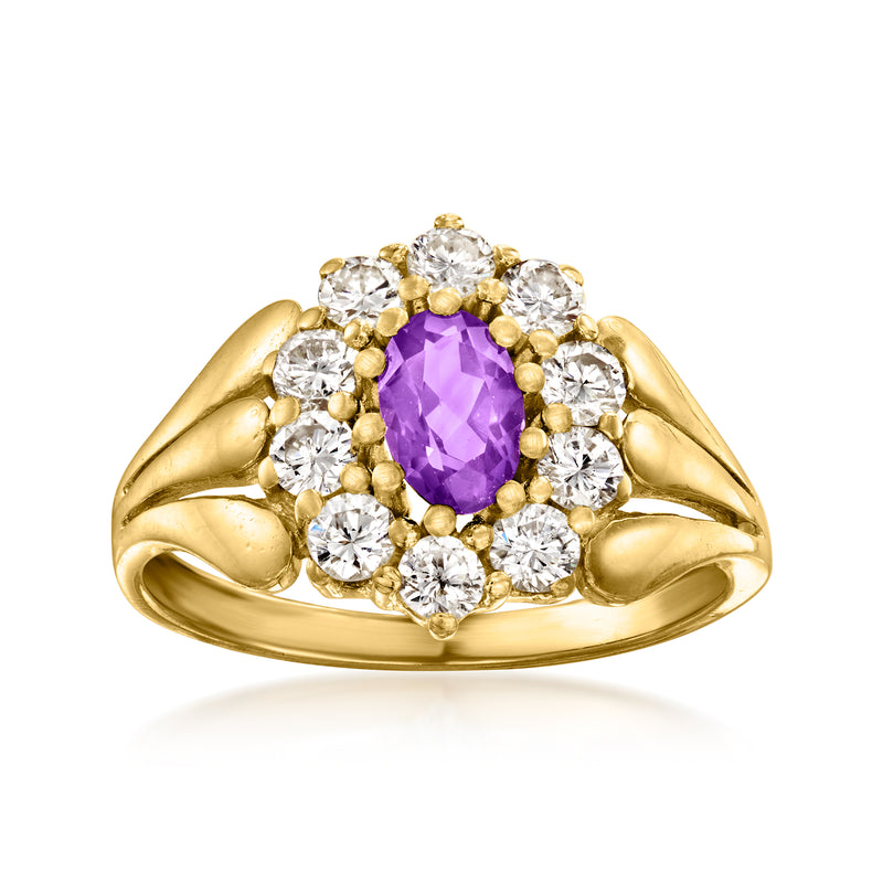 18kt yellow gold ring with oval amethyst center and diamond halo