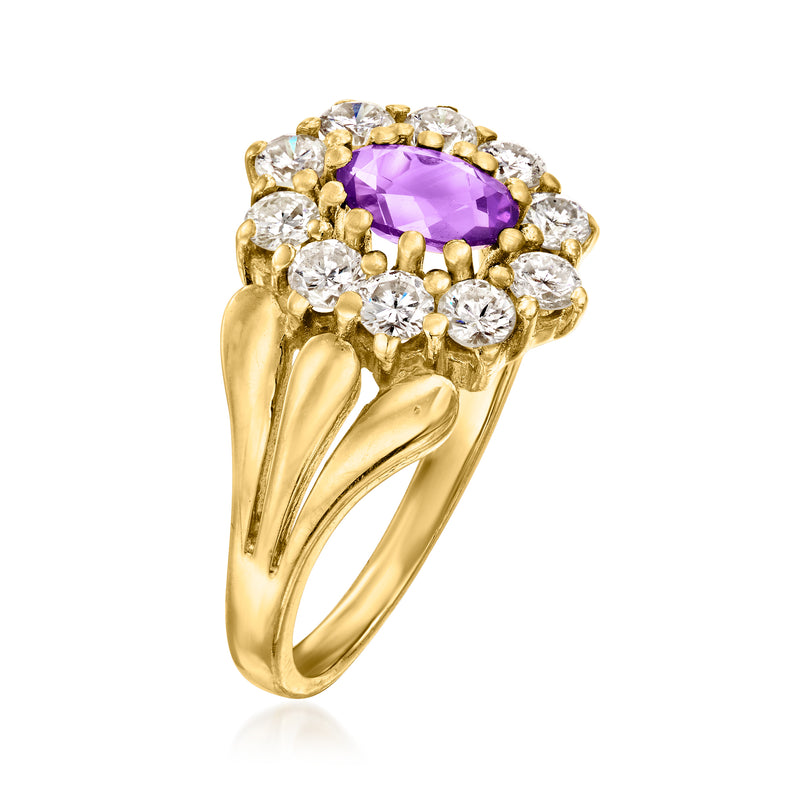 18kt yellow gold ring viewed from side, purple amethyst with diamond halo