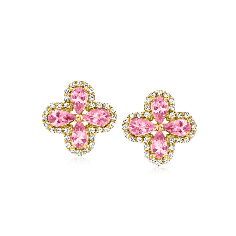 Gold-tone floral stud earrings with pink gemstones and white zircons, post backs.