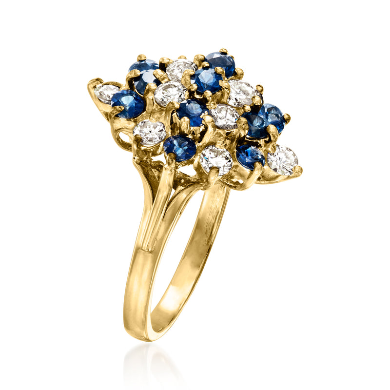 Yellow gold sapphire and diamond cluster ring, angled view, round stones