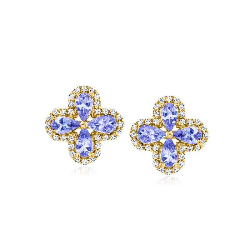 Floral tanzanite and white zircon post earrings, blue teardrop stones in gold over sterling