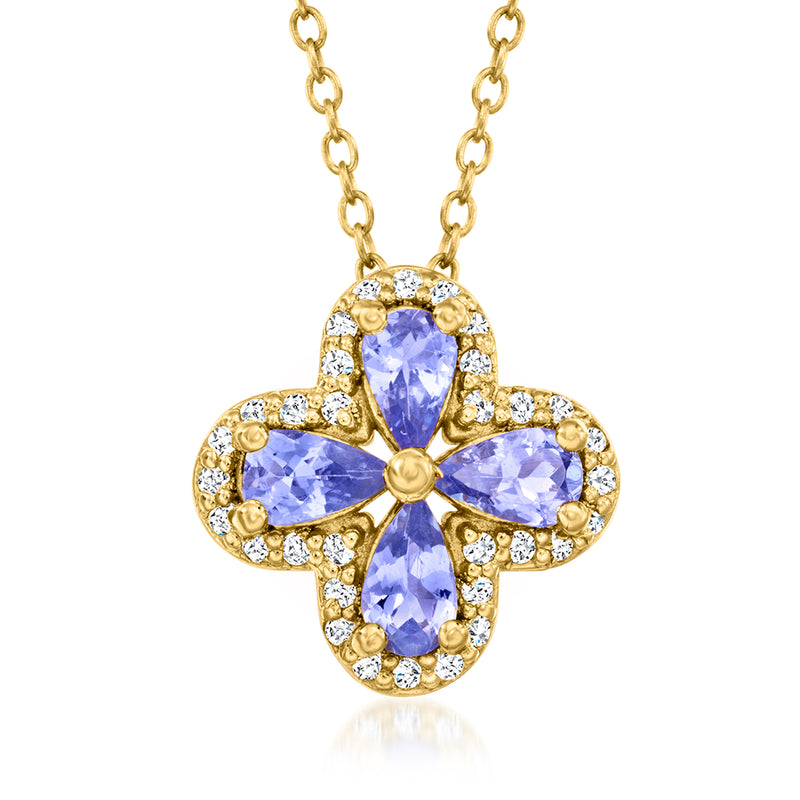 18kt gold over sterling pendant necklace with blue tanzanite center and white zircon halo