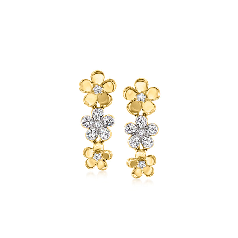 Gold-tone flower drop earrings with clustered clear stones, front view.