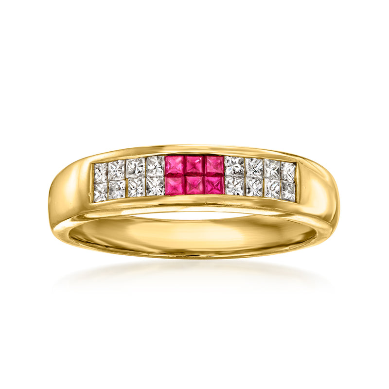 Vintage ruby and diamond ring in 14k yellow gold with pink center and square diamonds