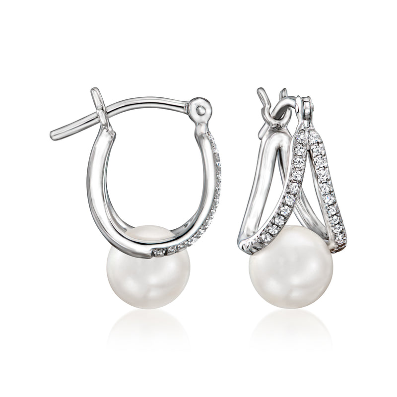 Sterling silver double-hoop earrings with cultured pearl drops and sparkling diamond accents