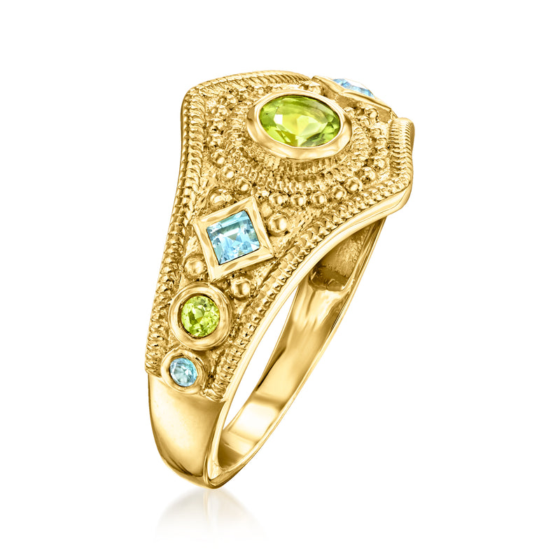 Gold milgrain ring, green oval center with light-blue square and small green stones