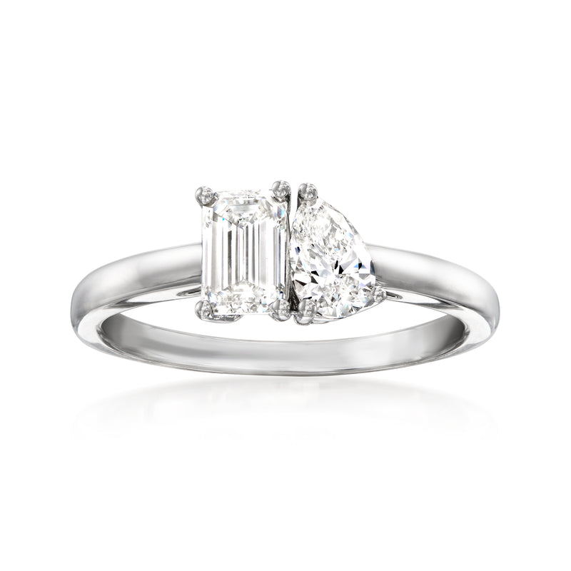Sterling silver toi et moi diamond ring with rectangular and pear-cut stones