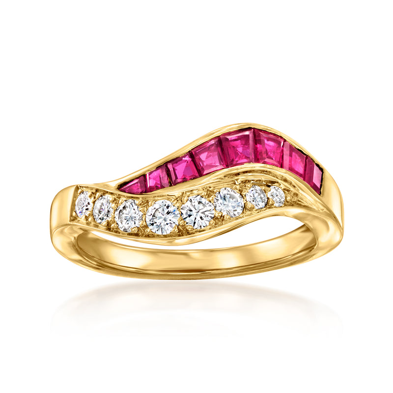 18kt yellow gold ring with pink ruby and diamond curved wave setting