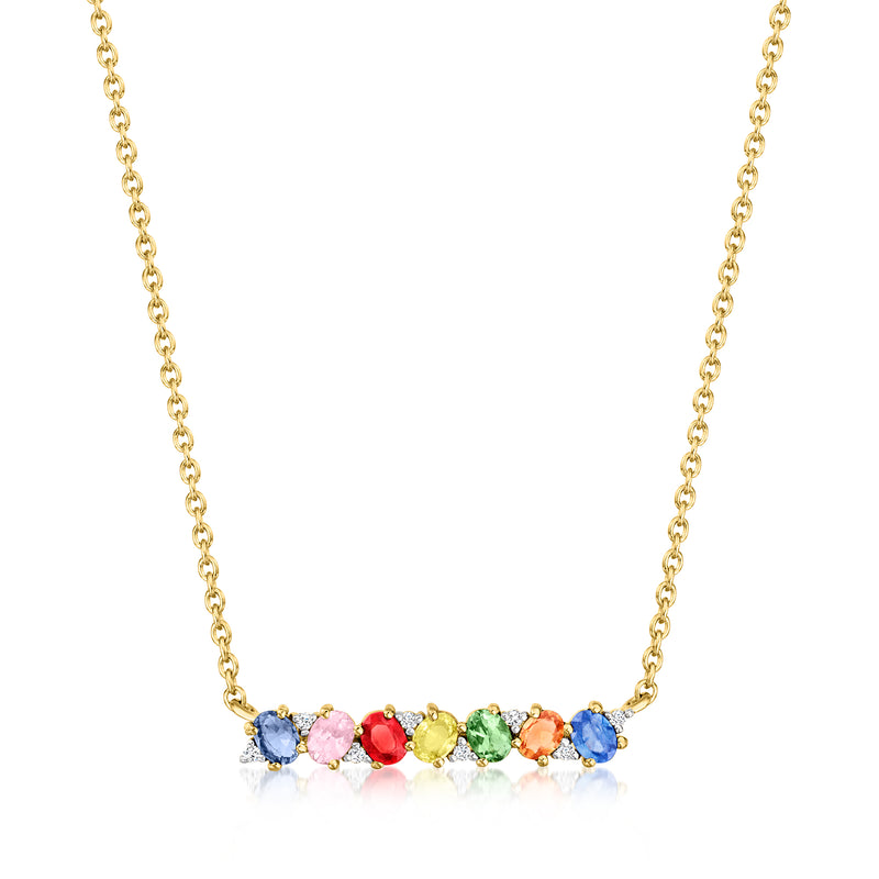 Gold-tone chain necklace with multicolored sapphires and white zircon accents