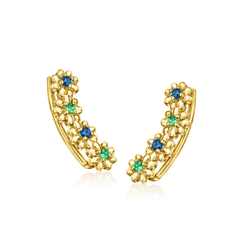 Gold-tone floral ear climber earrings with blue and green stone clusters on curved earwire