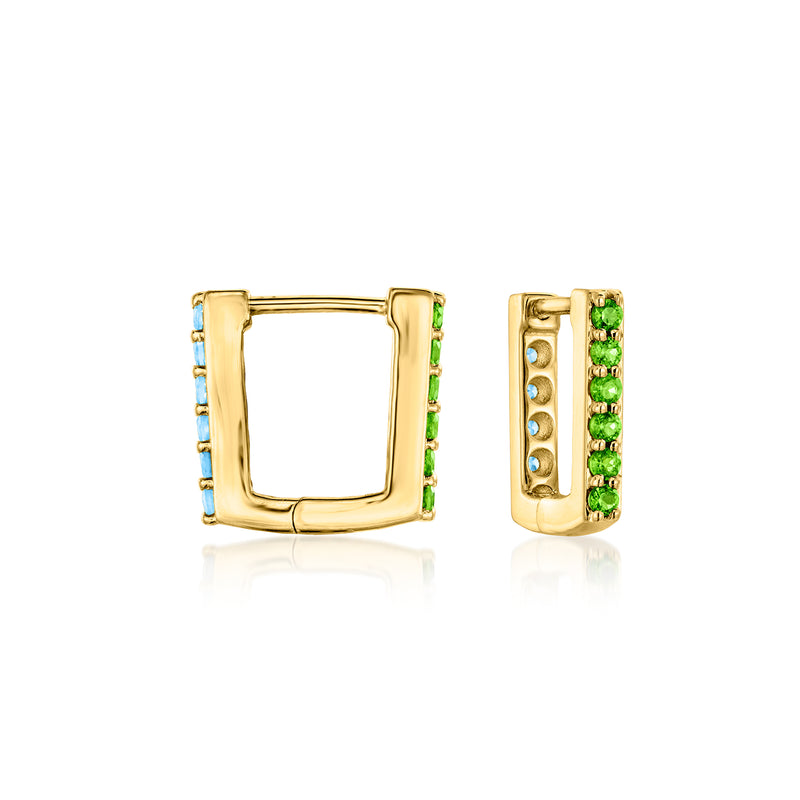 18kt gold over sterling reversible stud earrings, square bezel with blue and green stones